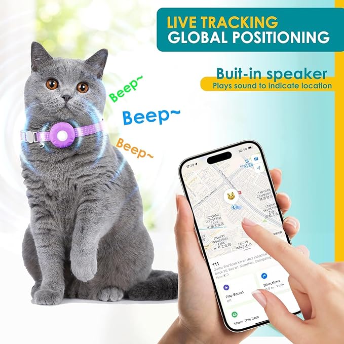 Pet Tracker for Cats,GPS Cat Tracker,Smart Pet Location Tracker with Collar and Holder,Waterproof Cat GPS Tracker Tracking Device,No Monthly Fee,Works with Apple Find My(iOS Only)-Purple