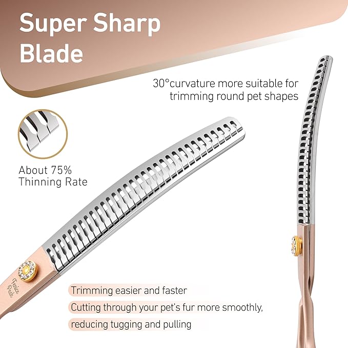 Fenice Peak Professional Curved Chunker Dog Grooming Scissors 8.0'' Rose Gold Thinning Shears Extremely Sharp Blades 440C Stainless Steel Thinning Shears Durable Smooth Fine Cut for Dogs and Cats.