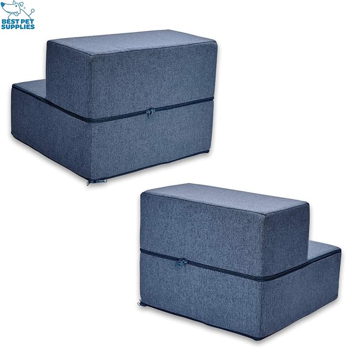 Best Pet Supplies Portable Foldable Foam Pet Stairs/Steps for Couch, Sofa, and High Bed, Non-Slip Bottom Balanced Paw Safe - Navy Blue, Foldable 2-Step (H: 12")
