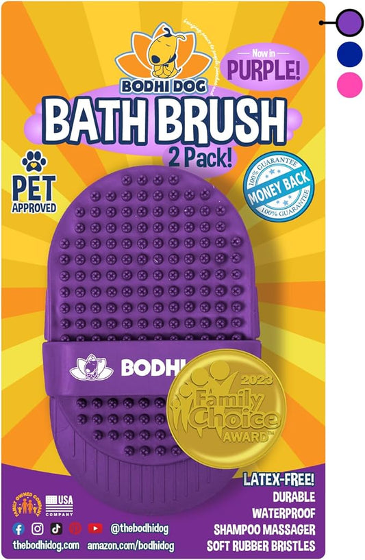Bodhi Dog Shampoo Brush - Pet Grooming & Bath Supplies for Cats and Dog - Bath Brush for Long & Short Hair - Premium Scrubber for Shower, Bathing & Massage (Two Pack, Purple)