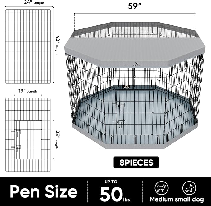 PJYuCien Puppy Playpen，8 Panels 42”H Dog Playpen with Gery Bottom Pad and Grey Top Cover，Metal Foldable Dog Exercise Pen for Indoor，Better for Small Pets