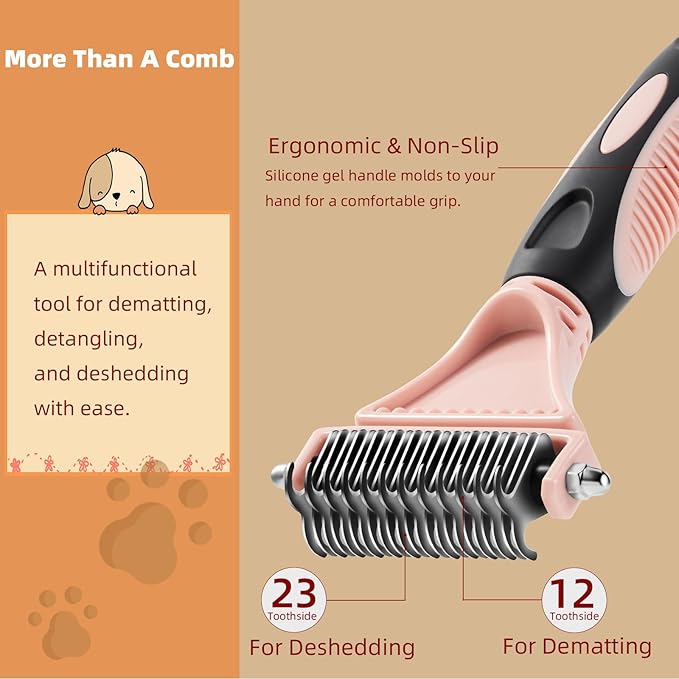 3PCS Cat & Dog Brush Set: Slicker & Deshedding Brush, Dematting Comb, and Bath Brush – Premium Grooming Tools for Shedding & Tangle-Free Fur (pink)