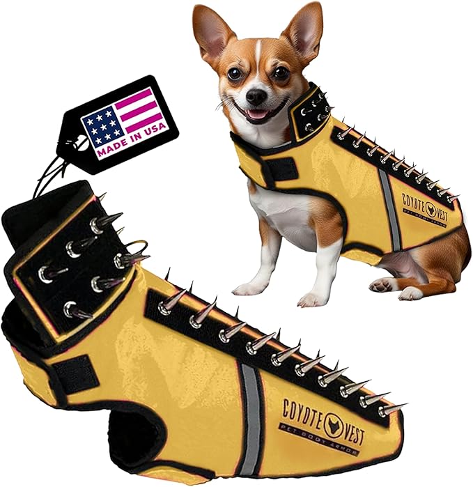 CoyoteVest SpikeVest Dog Harness Vest for Small Dogs, Reflective Dog Vest with Spikes to Shield Your pet from Coyotes, Raptor and Animal Attacks, Anti Hawk Vest, Made in USA (S-Yellow)