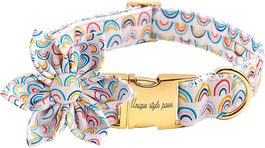 Uniqe Style Paws Flower Dog Collar, Adjustable Dog Collar with Flower, Durable Rainbow Floral Pattern Pet Collar for Large Dogs