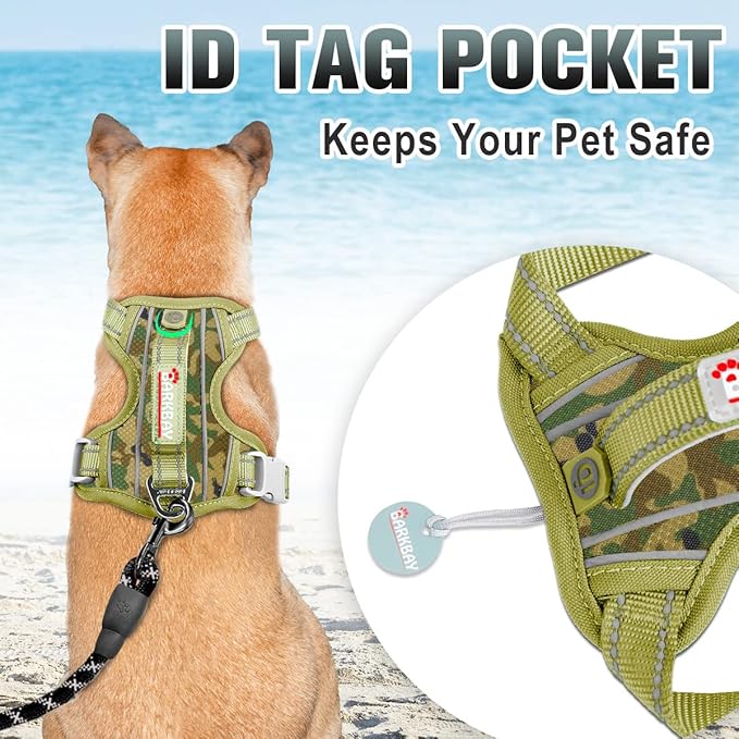 BARKBAY No Pull Dog Harness Large Reflective Dog Harness with Front Clip and Easy Control Handle for Walking Training Running with ID tag Pocket(Camo,XL)