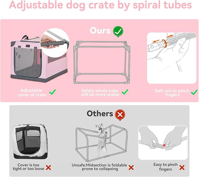PETSFIT Travel Dog Crate, with Patented Adjustable Fabric Cover, Chewproof & Lockable Mesh Doors, Waterproof Base Portable Kennel Pink 26 Inch
