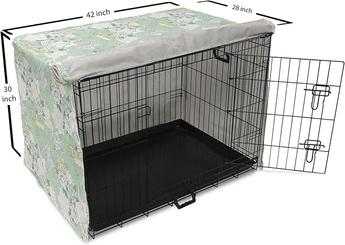 Lunarable Traditional Dog Crate Cover, Japanese Cranes Peonies Cultural Aspects Symbolic of Happy Life, Easy to Use Pet Kennel Cover for Medium Large Dogs, 42 Inch, Avocado Green Pale Green