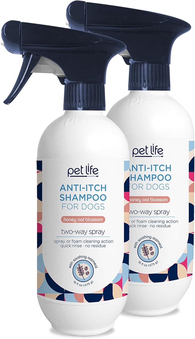 Pet Life Unlimited Dog Shampoo Itchy Skin Relief Foaming Spray, Itch Relief for Dogs - Plant-Based Honey Oat Blossom Scented Dog Itching Skin Relief Spray Shampoo - Made in USA - 16 Ounce (Pack of 2)