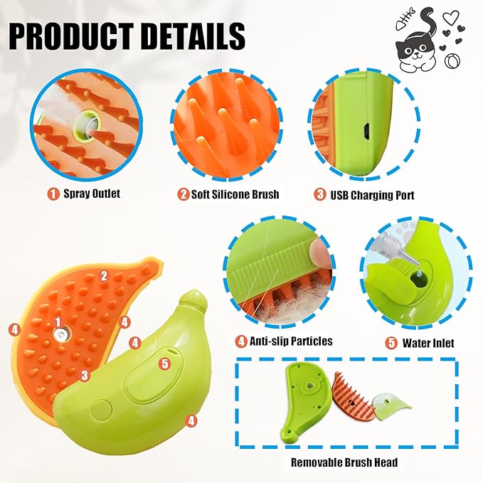 Cat Steam Brush for Dogs and Cats - Defur Comb With Water Spritz for Shedding ALD-001-CO (Random Color-Green or Yellow)