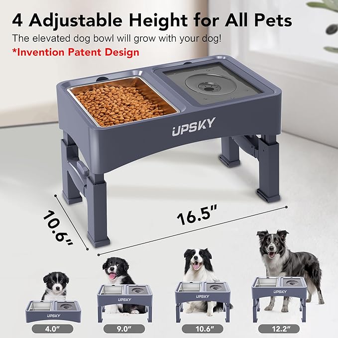 UPSKY 3-in-1 Elevated Dog Bowl Stand, Slow Feeder No Spill, Adjustable Height, Stainless Steel Food and Water Bowl for Small to Medium Dogs, Blue