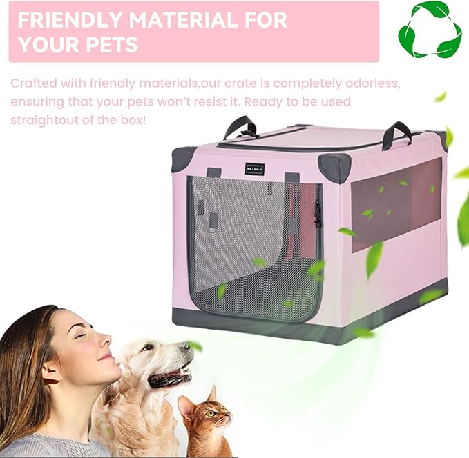 PETSFIT Soft Sided Dog Crate, with Patented Adjustable Fabric Cover, Chewproof & Lockable Mesh Doors, Waterproof Base Collapsible Kennel Pink 40 Inch
