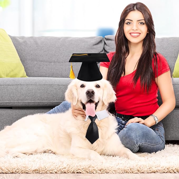 FOIMAS Dog Graduation Hats,Pet Graduation Caps Adjustable with Yellow Tassel and Necktie Collar for Dog Cat Graduation Hats Costume Accessory