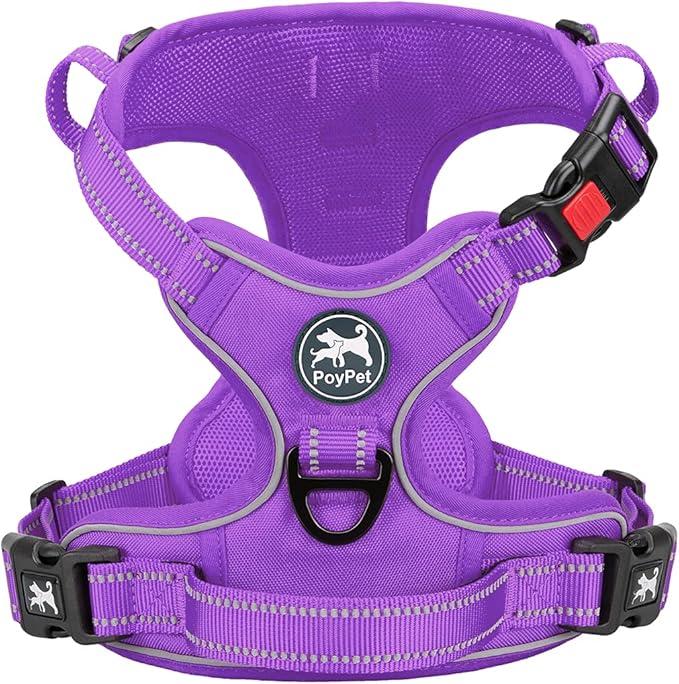 PoyPet No Pull Dog Harness, No Choke Reflective Dog Vest, Adjustable Pet Harnesses with Easy Control Padded Handle for Small Medium Large Dogs(Purple Matching Trim,M)