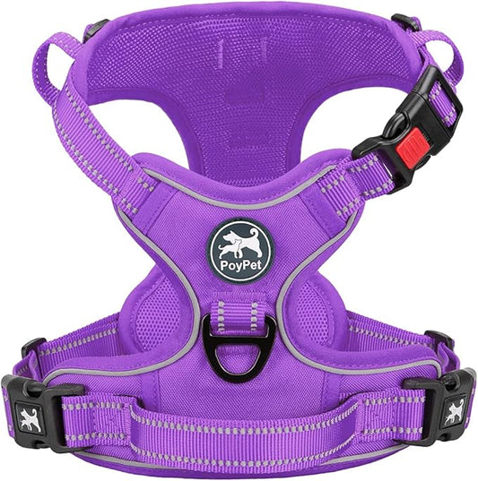 PoyPet No Pull Dog Harness, No Choke Reflective Dog Vest, Adjustable Pet Harnesses with Easy Control Padded Handle for Small Medium Large Dogs(Purple Matching Trim,S)