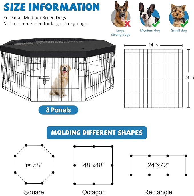 Artmalle Puppy Pet Playpen 8 Panel 24 Inch Indoor Outdoor Metal Portable Folding Animal Exercise Dog Fence Ideal for Pet Animals Dog Cat Rabbit Breed Puppy with Top Cover (Black with Top Cover)