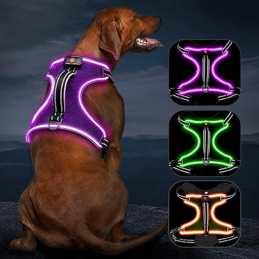 Light Up Dog Harness No Pull LED Dog Harness with Handle Vizbrite Rechargeable Lighted Dog Vest Harness for Small/Medium/Large/X-Large Size Dogs No Pull, 4 Point Adjustable Dog Harness