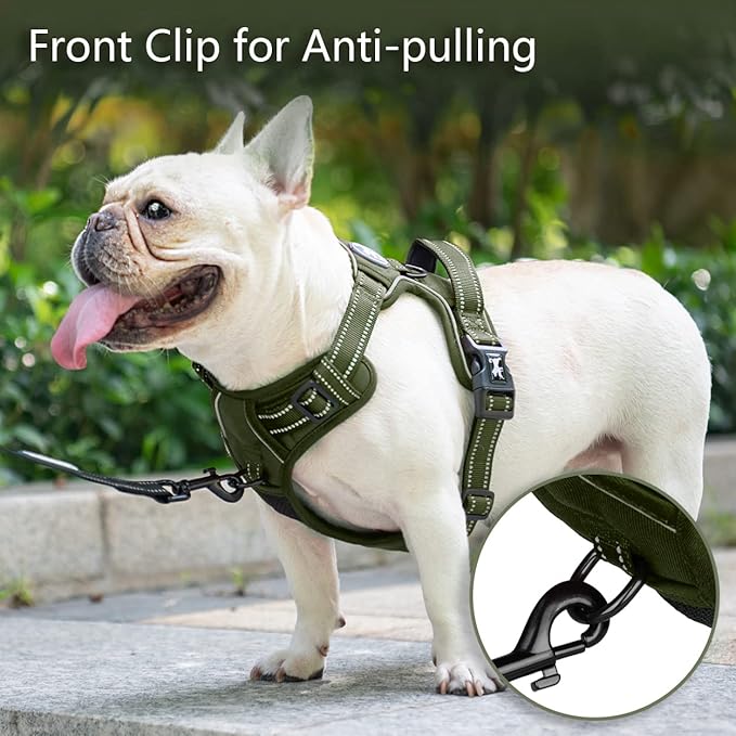 PoyPet No Pull Dog Harness, No Choke Reflective Dog Vest, Adjustable Pet Harnesses with Easy Control Padded Handle for Small Medium Large Dogs(Military Green,S)