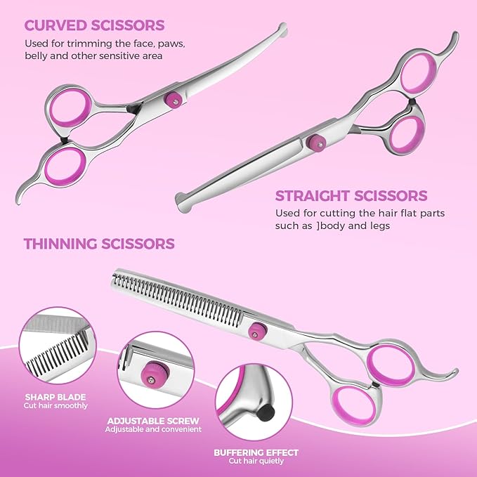 Maxshop Dog Grooming Scissors - 5 Pack Professional Titanium Stainless Steel Dog Scissors Kit Hair Cutting Thinning Shears for Dogs and Cats Heavy Duty Pet Grooming Scissors Set (Pink Set of 5)