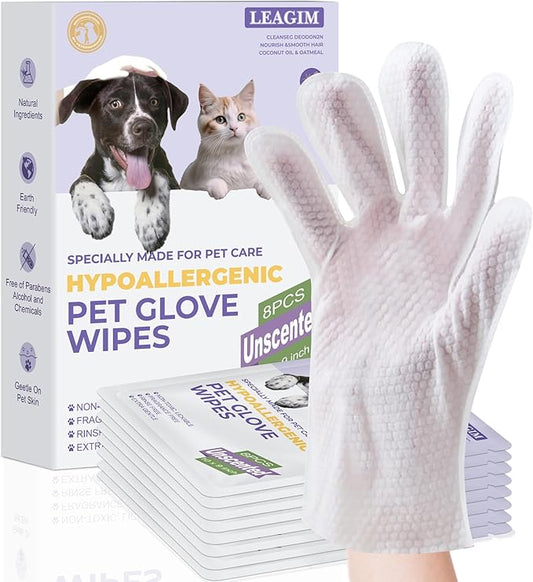 Pet Cleaning Glove Bathing Wipes for Dogs and Cats, Deodorizing No-Rinse Grooming Wipes for Paws, Body, and Butt, Perfect for Pet Dry Cleaning, Daily Care and Travel, Hypoallergenic, Unscented, 8 Pcs