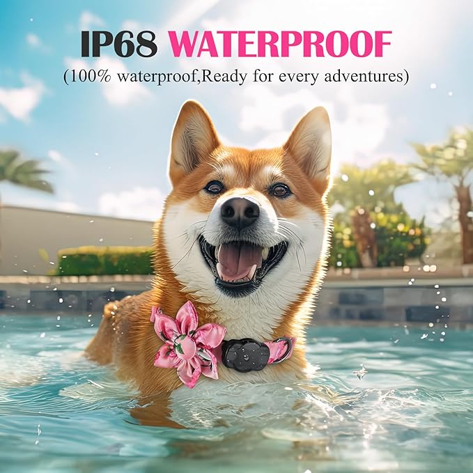 Airtag Dog Collar for Large Dogs, Rose-Pink Dog Collars Girl with AirTag Holder Waterproof Airtag Case, Including Flower Spring Dog Collar Bowtie, for All Female Dogs ﻿