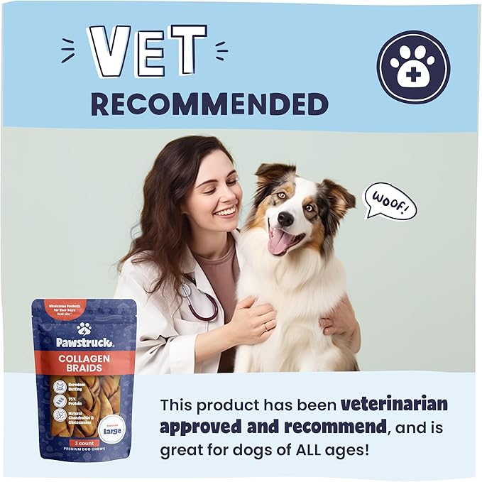 Pawstruck Natural Large 10-13” Beef Collagen Braids for Dogs - Healthy Long Lasting Alternative to Traditional Rawhide & Bully Sticks w/Chondroitin & Glucosamine - 3 Count - Packaging May Vary