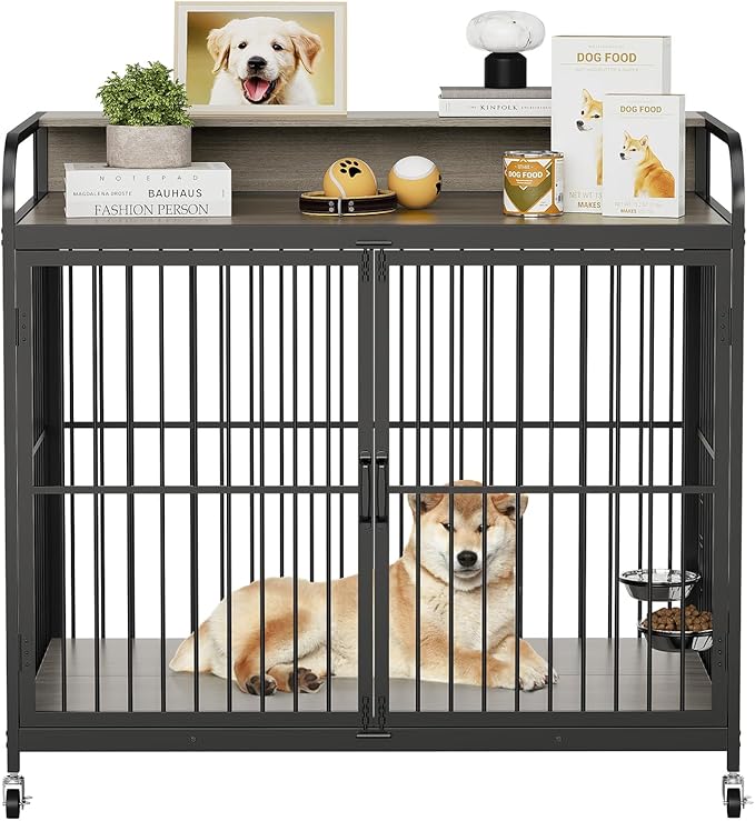 Dog Crate Furniture, Dog Crate Indoor with Adjustable Height Bowls, Wooden Heavy Duty, 39.8 Inch Dog Kennel Furniture for Medium Dogs, 39.8" L X 22.5" W X 38.6" H,Grey