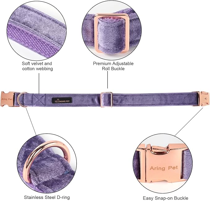 ARING PET Bowtie Dog Collar-Velvet Dog Collars with Removable Bowtie, Cute &Comfortable Purple Dog Collar,Medium.