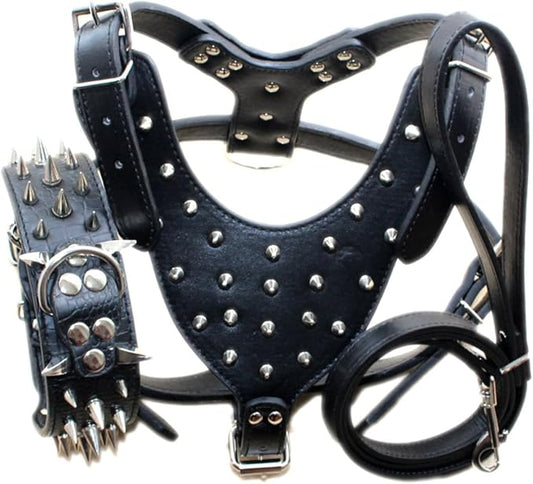 Leather Spiked Studded Harnesses, Collars & Leashes 3Pcs Matching Set for Medium & Large Dogs Pitbull,Mastiff, Boxer, Bull Terrier (Black1, M)