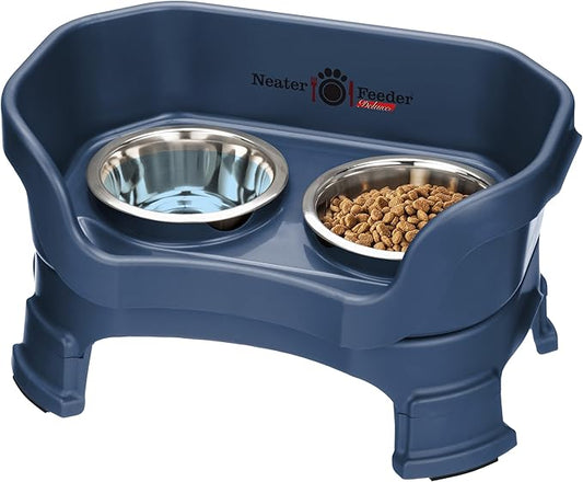 Neater Feeder Deluxe Mess Proof Dog Bowls Elevated for Small Breeds – Made in USA – No Spill Raised Dog Food Bowl Stand w/Leg Extensions – Stainless Steel Dog Food and Water Bowl Set – Dark Blue