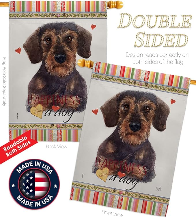 Breeze Decor Miniature Dachshund Happiness House Flag 2 pcs Pack Dog Puppy Spoiled Paw Canine Fur Pet Nature Farm Animal Creature Banner Small Garden Yard Gift Double-Sided, Made in USA