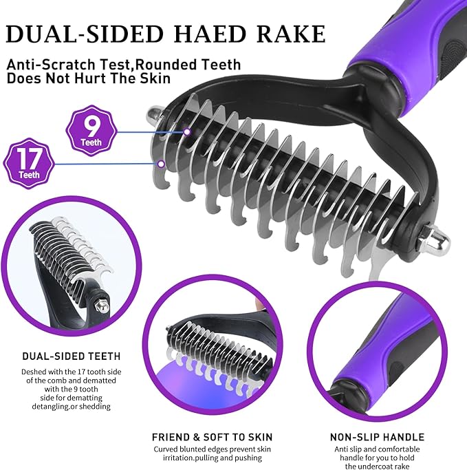 5 PCS Dog Grooming Brush Kit – Self Cleaning Slicker Brush for Shedding Short & Long Haired Dogs & Cats. Removes Loose Fur, Undercoat, Mats, Tangles for Small, Medium & Large Pets. Purple