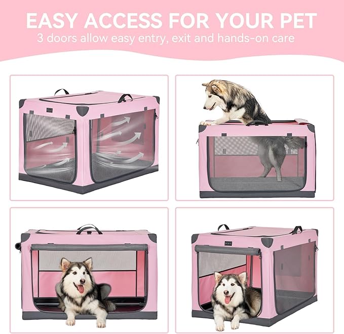PETSFIT Soft Sided Dog Crate, with Patented Adjustable Fabric Cover, Chewproof & Lockable Mesh Doors, Waterproof Base Collapsible Kennel Pink 40 Inch
