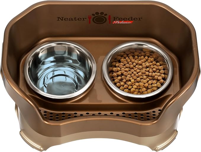 Neater Feeder Deluxe Mess Proof Dog Bowls Elevated Medium Sized Dog Breed – Made in USA – No Spill Raised Dog Food Bowl Stand – Stainless Steel Food and Water Bowl Set, Pet Feeding Station, Bronze