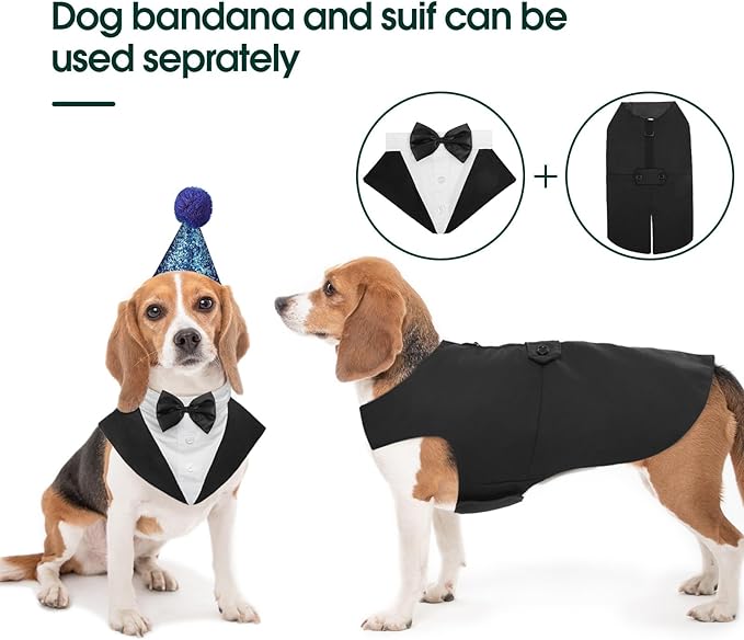Kuoser Dog Tuxedo Dog Suit and Bandana Set, Dogs Tuxedo Wedding Party Suit, Doggy Prince Bow Tie Shirt Formal Pet Wedding Attire for Small Medium and Large Dogs Golden Retriever Samo Bulldogs