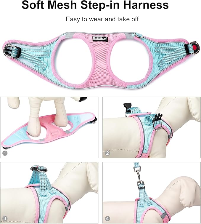 Mercano Soft Mesh Dog Harness and Leash Set, No-Chock Step-in Reflective Breathable Lightweight Easy Walk Escape Proof Vest Harnesses with Safety Buckle for Small Medium Dogs, Cats (XL, Pink Blue)