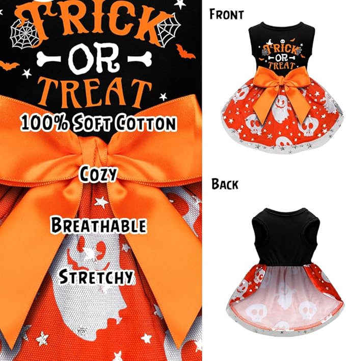 Funny Puppy Dress with Bow - Small/Large Dog Halloween Costume - Pumpkin Witch Bat Pet Dress - Trick or Treat