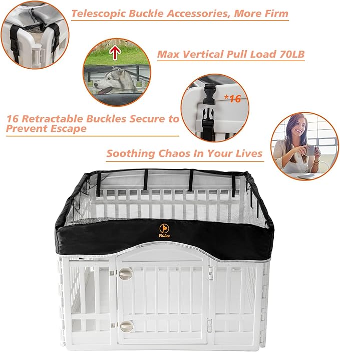 PJYuCien Dog Playpen Mesh Top Cover, Fits 36 Inch 4 Panels Regular Square Plastic Exercise Pet Pen, Telescopic Buckles Connections, Black (Note: Cover Only, Fence Not Included)