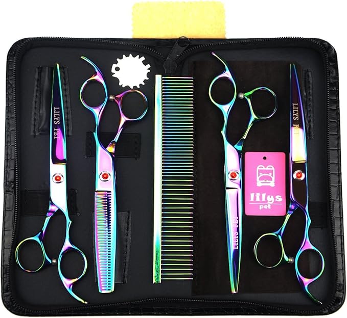 LILYS PET Professional PET DOG Grooming Coated Titanium scissors suit Cutting&Curved&Thinning shears (8.0 inches, Rainbow)…
