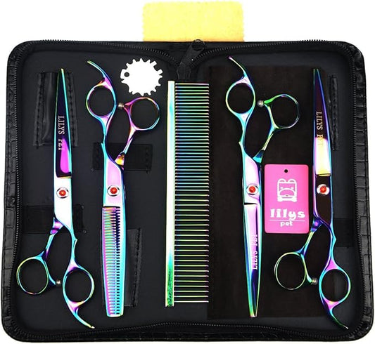 LILYS PET Professional PET DOG Grooming Coated Titanium scissors suit Cutting&Curved&Thinning shears (8.0 inches, Rainbow)…