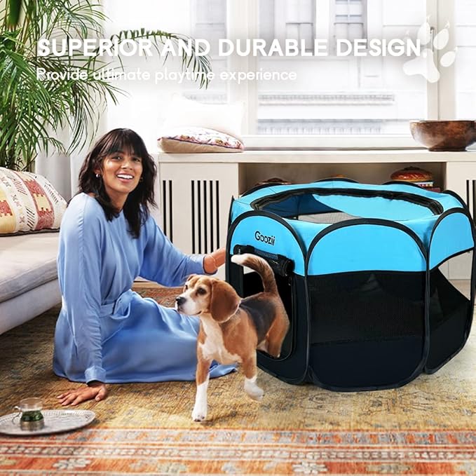Dog Playpen for Large Dogs Portable Collapsible, Indoor Outdoor Cat Pet Puppy Exercise Play Pen Tent Crate Cage with Zipper Door Top Cover Floor for Camping (Large Size, Blue)