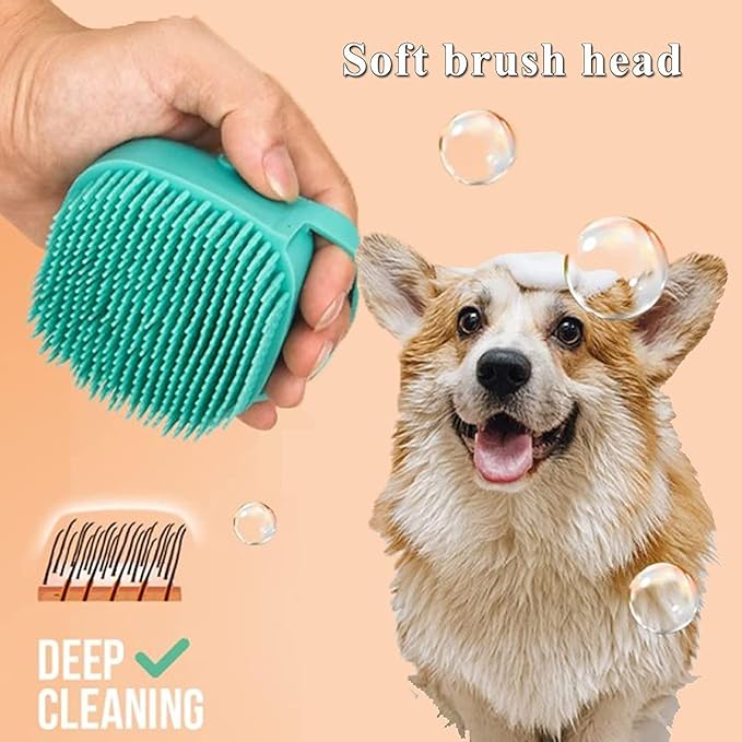 goodbark's Pet Grooming Bath Massage Brush with Soap and Shampoo Dispenser Soft Silicone Bristle for Long Short Haired Dogs Cats Shower (Blue)