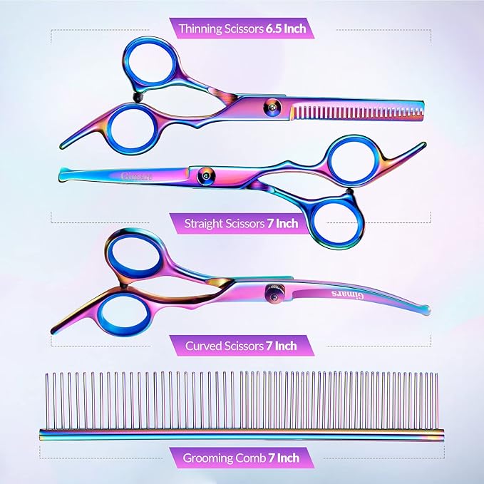 Gimars Dog Grooming Scissors Kit Professional 4CR with Safety Round Tip, 5 in 1 Heavy Duty Titanium Coated Thinning & Curved & Straight Shears