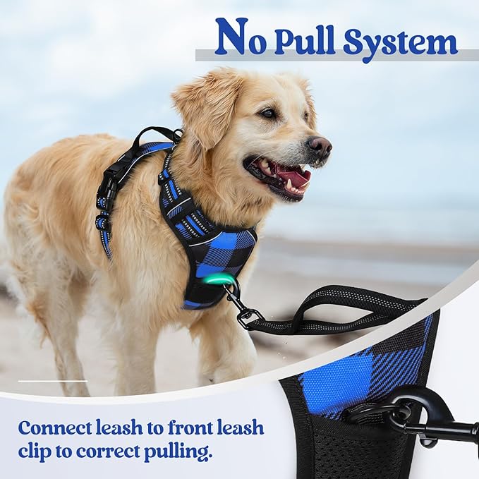 rabbitgoo Dog Harness for Large Dogs No Pull, Comfortable Padded Plaid Dog Harness with Handle Easy Control, Adjustable Reflective Puppy Pet Harness Vest with 2 Leash Clips, Blue Plaid, L