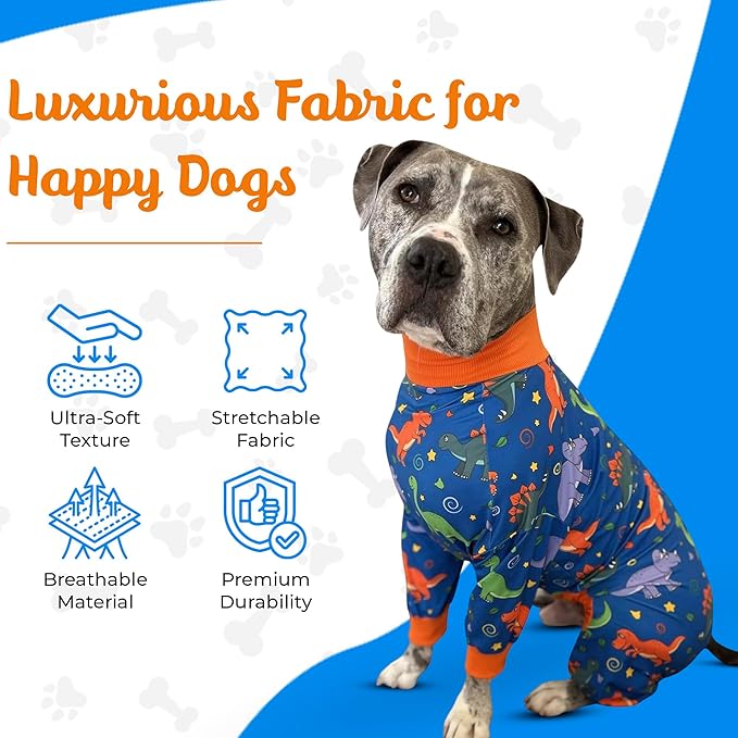Tooth & Honey Pitbull Clothes – Premium Dinosaur Printed Pajamas for Large Breeds – Outfit for Recovery, Warmth & Shedding Control (Large)
