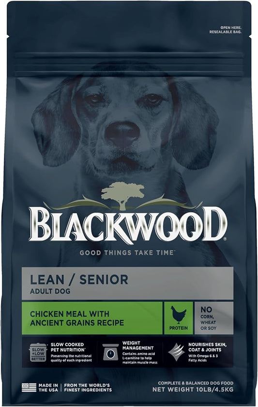 Blackwood Lean/Senior Dry Dog Food, Chicken Meal with Ancient Grains, 10 Pound Bag for Weight Management and Muscle Mass Maintenance