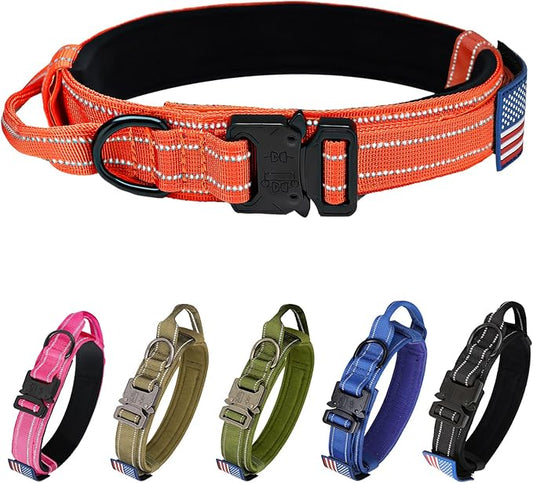 KCUCOP Tactical Dog Collar, Heavy Duty Dog Collar with Handle and Metal Buckle, Military Thick Dog Collars for Medium and Large Dogs(Orange-XL-Reflective, 1 Patch)