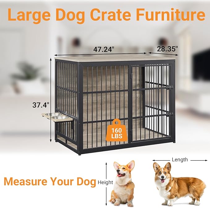 Dog Crate Furniture, 48 Inch Dog Kennel Furniture, Wooden 𝐃og Crate Furniture Large Breed with Rotating 𝘋og Bowls, Heavy Duty 𝗗og Cage Furniture Indoor,Decorative Dogs Crates End Table,Gray