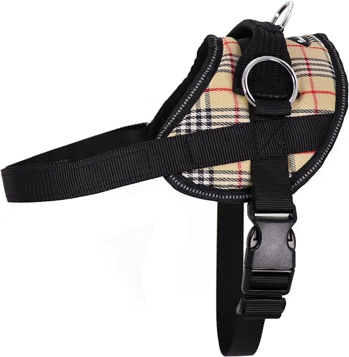 Bark Appeal Tan Plaid No-Pull Dog Harness for Extra Small to Small Sized Pets – Adjustable, Reflective Vest with 3 Leash Clips for Added Control, Easy Walks & Training – Small