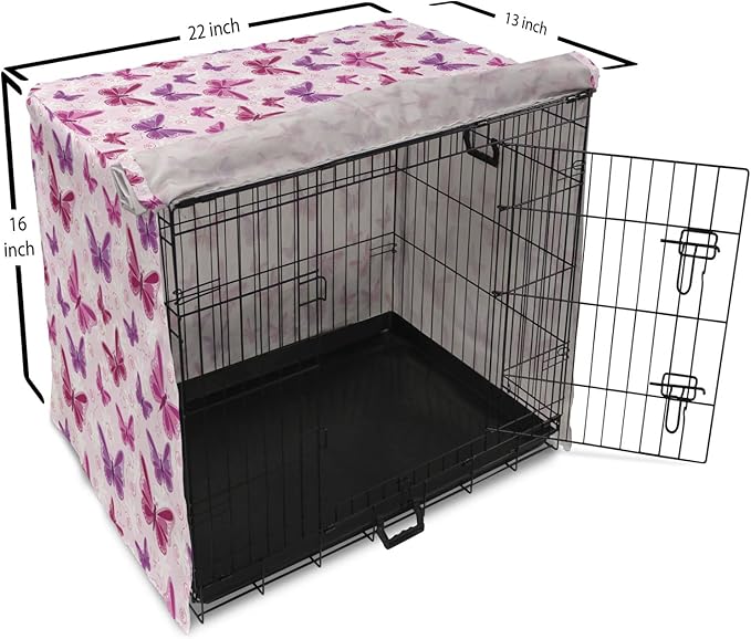 Ambesonne Purple Dog Crate Cover, Abstract Butterflies on Floral Background Feminine Romance Illustration, Easy to Use Pet Kennel Cover for Small Dogs Puppies Kittens, 22 Inch, Maroon Purple Pale Pink