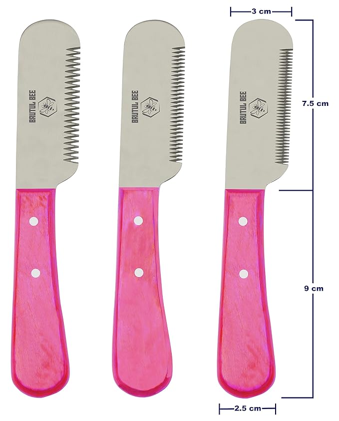 Bee Dog Grooming Coat Stripping Knife Stripper Trimmer Tool Wooden Handle Knives Set of 3 With Stainless Steel Blade Non-Slip Tools for Dogs - Right Handed (PINK)